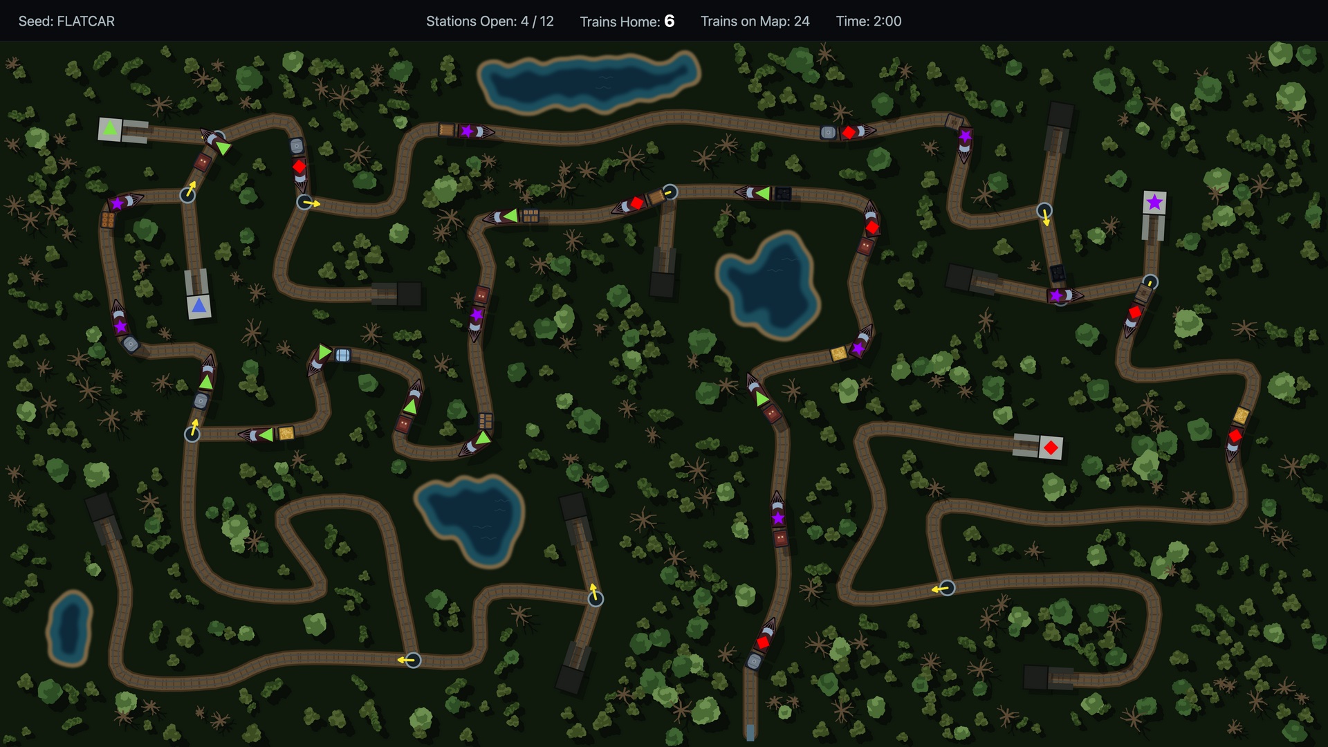 A busy map in summer with many trains on the track