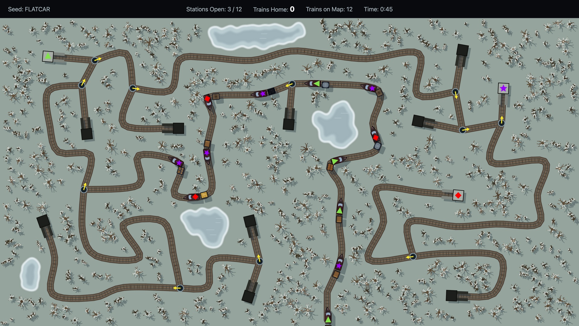 A winter map with snow, bare trees and frozen lakes
