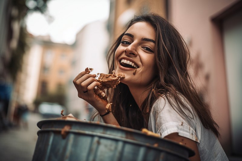 Attractive woman eating from trash