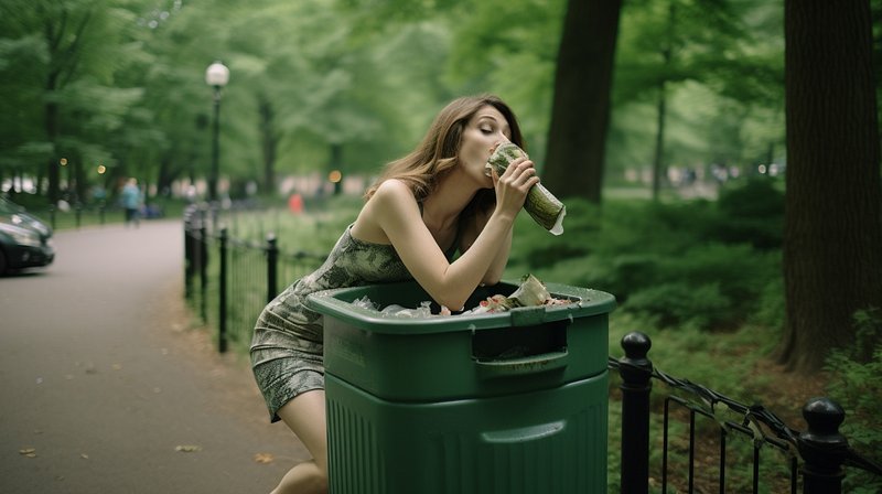 Woman eating from trash
