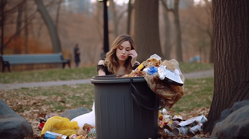 Woman thinking about eating trash
