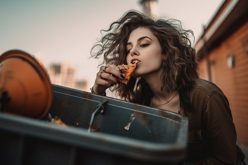 Woman eating trash happily