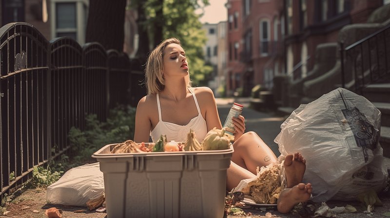 Woman sitting in trash bags