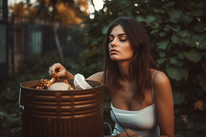 Woman reluctantly eating trash