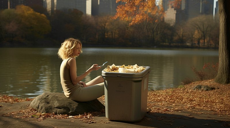 Woman eating trash in beautiful park