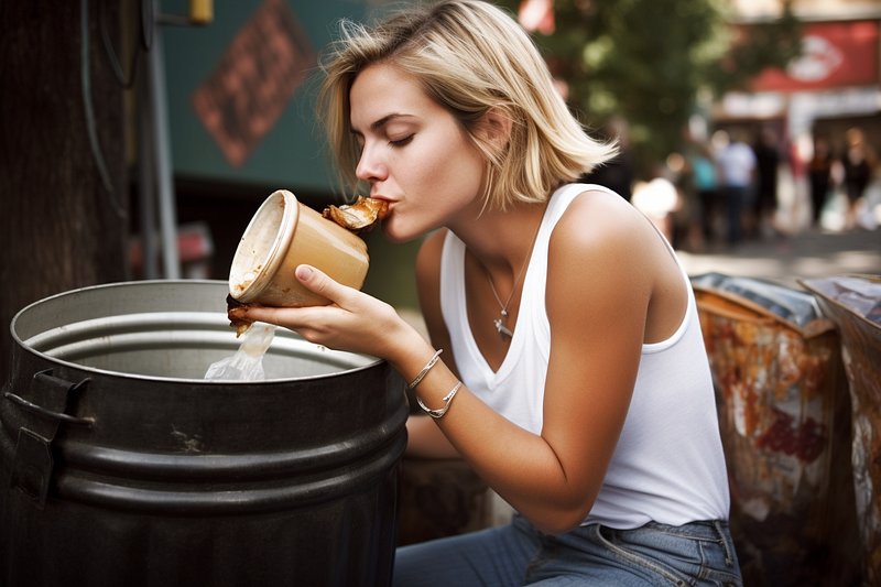 Woman eating bbq trash