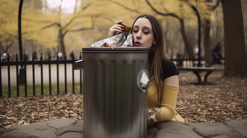 Woman eating potato skin from trash in park