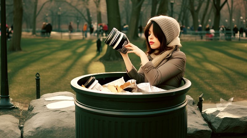 Woman playing in trash