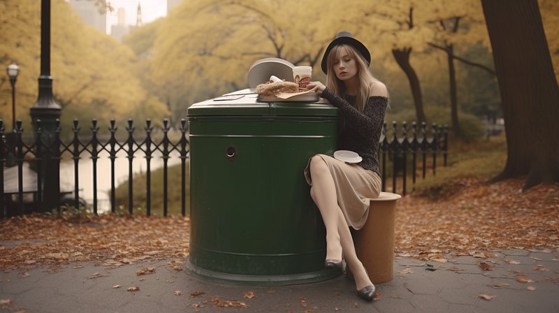 Woman eating takeout next to trash