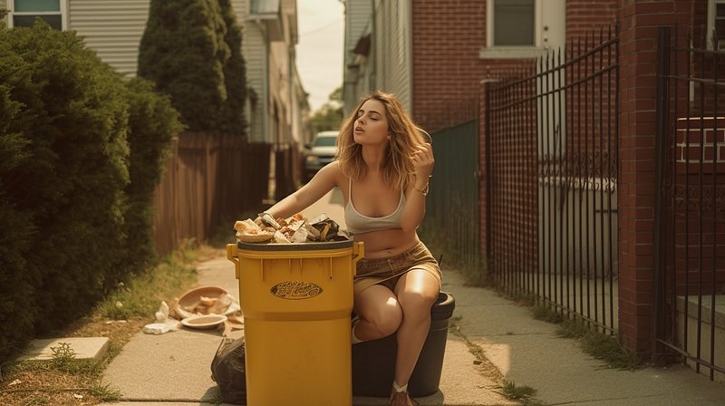 Woman showing skin near trash