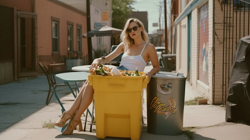 Influencer posing with trash can