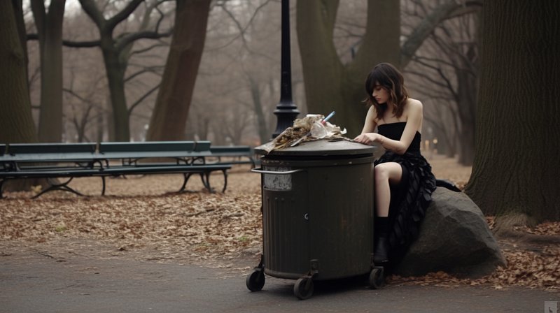 Young supermodel before fame near trash